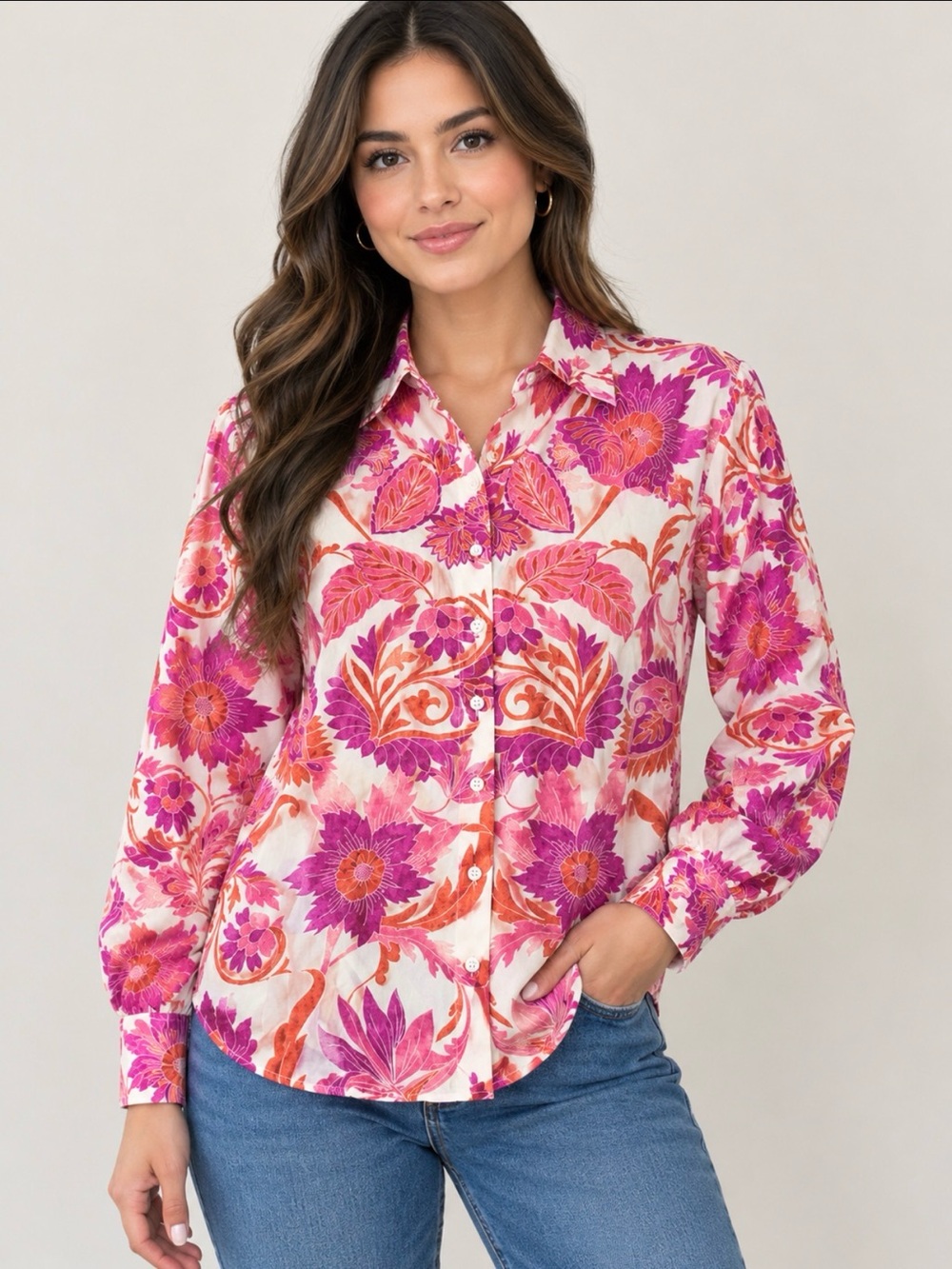Panoply Pink & Orange Floral Button-Down Blouse